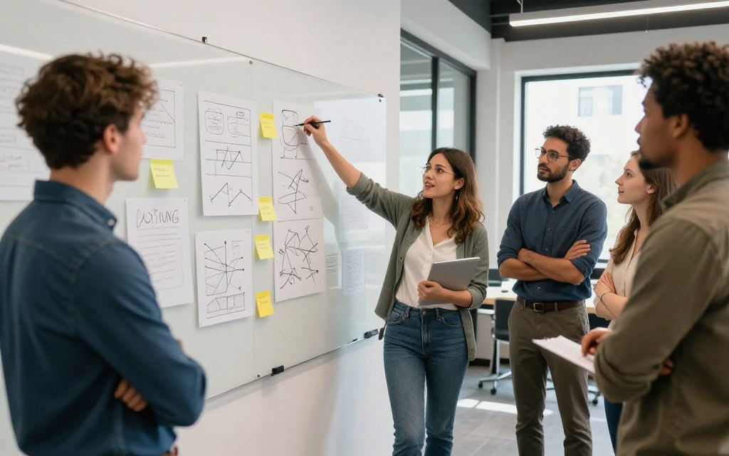 Startup team members participating in collaborative workshop and planning session