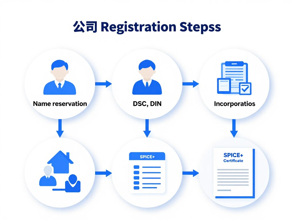 Step by step flowchart showing company registration process from DSC to incorporation