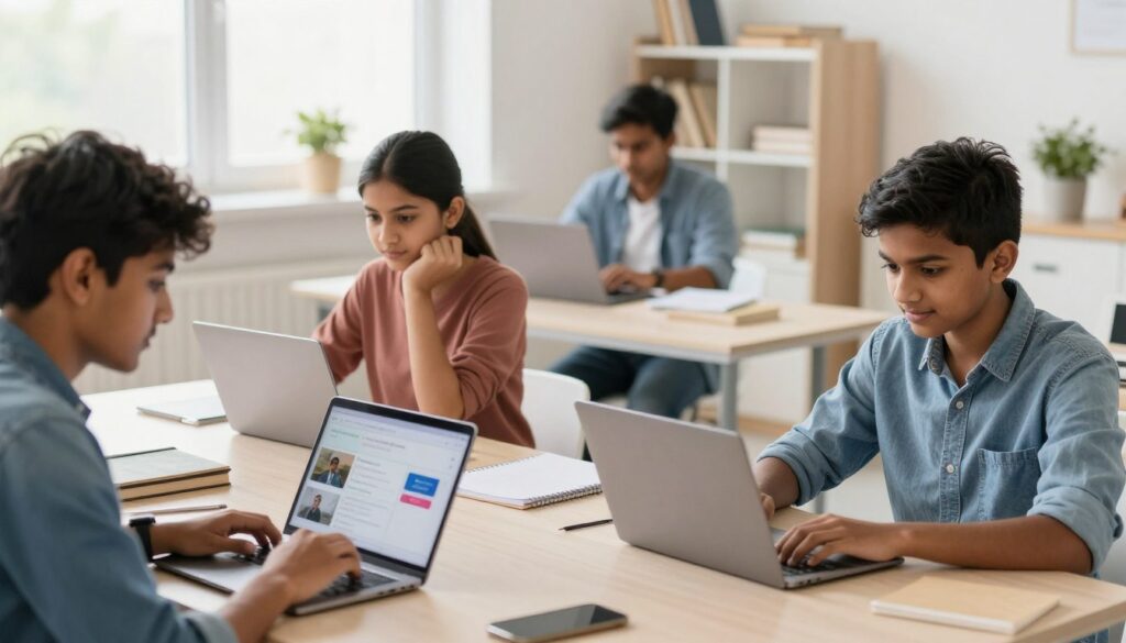 Students using educational technology and online learning platforms in India