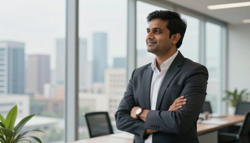 Successful Indian entrepreneur looking toward the future with optimism