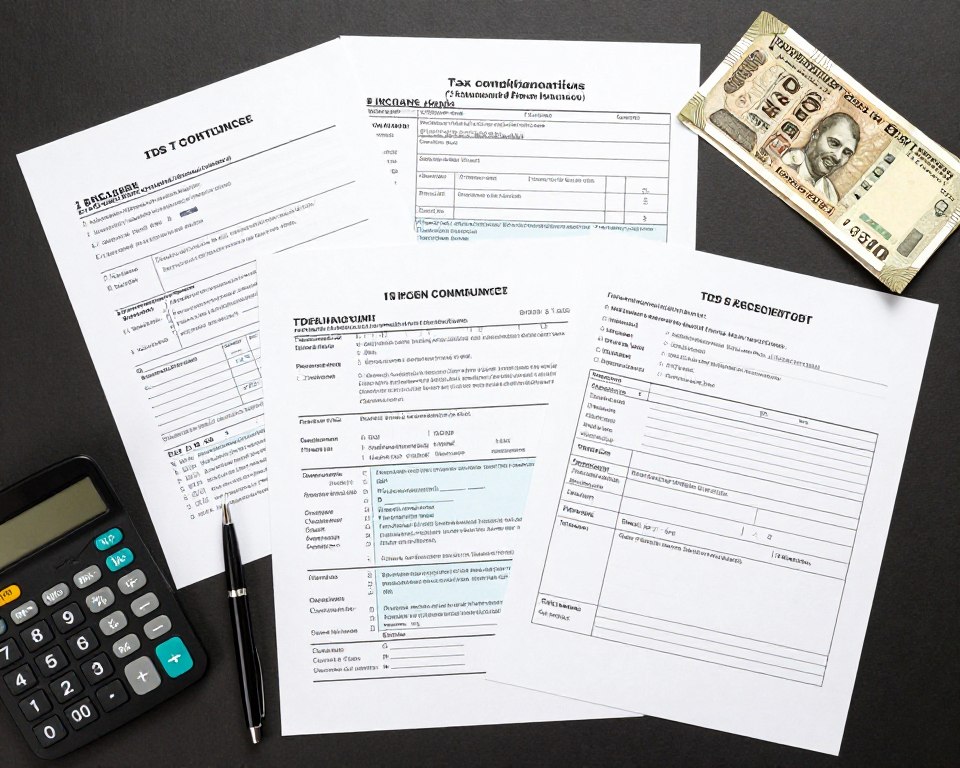 Tax documents and compliance forms for Indian startup companies with calculator