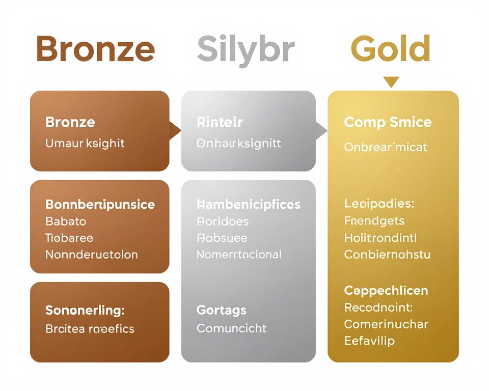 Tiered membership benefits comparison showing bronze, silver, and gold levels