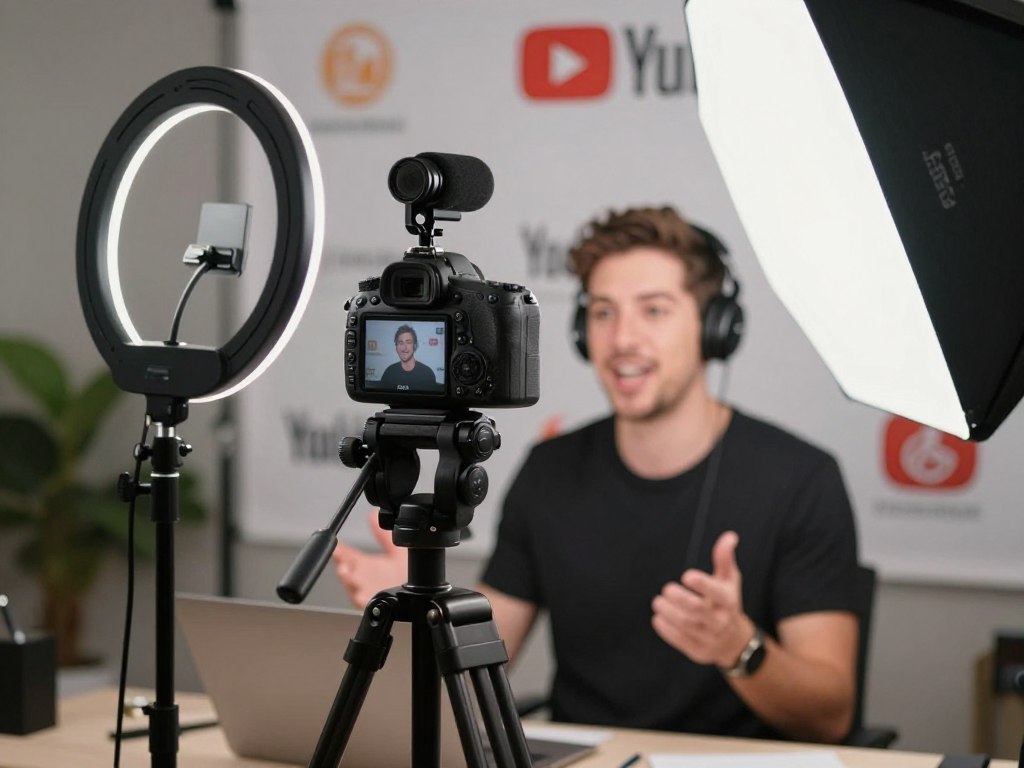 YouTube creator recording video with camera and lighting setup