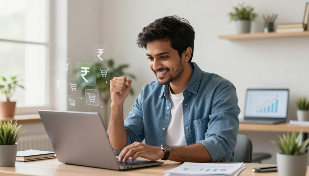 Young Indian entrepreneur working on laptop from home office with digital business icons