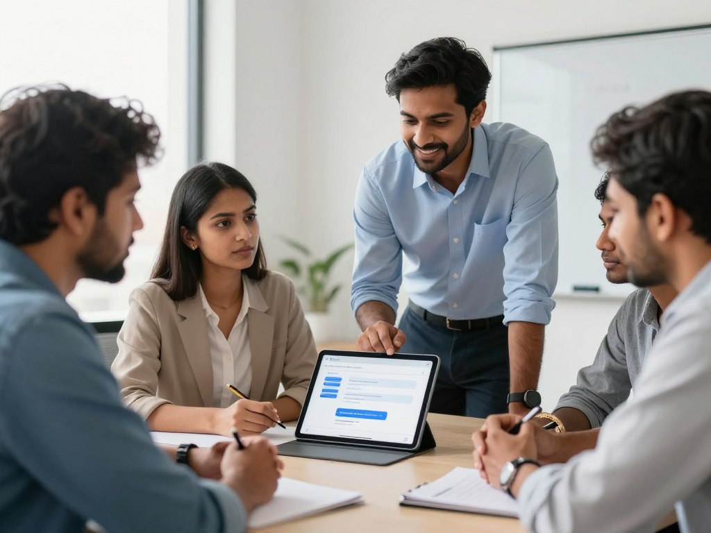 Indian small business team planning CoNew chatbot service