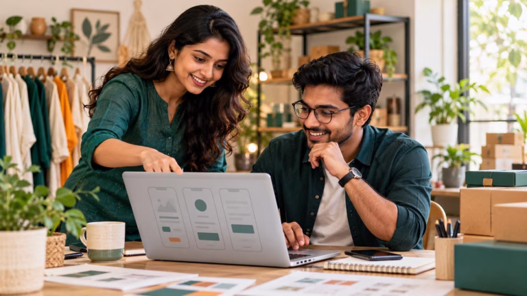 Illustrative Indian business owner and digital professional planning a business app together.