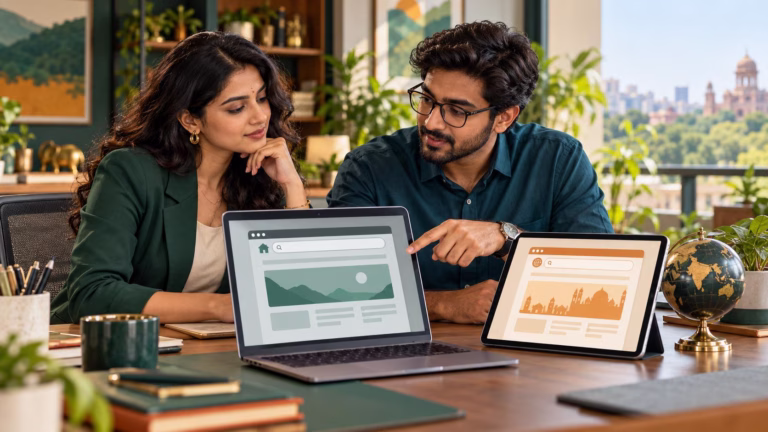 Illustrative Indian entrepreneur and website consultant comparing browser layouts on a laptop and tablet.